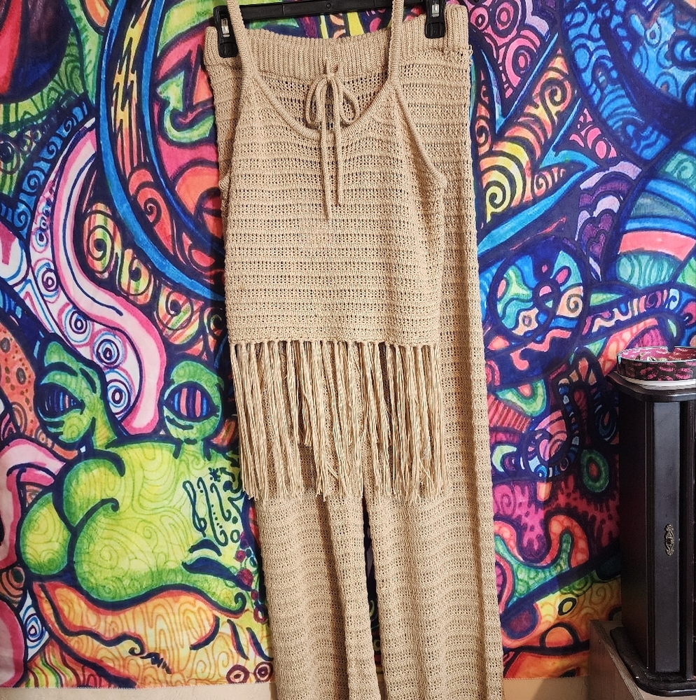 Fringed Crochet Pants/Crop Top